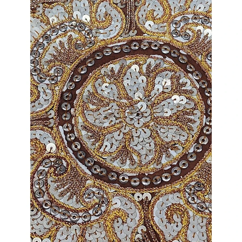 VTG Turkish Hand Beaded Embroidered Sequined Throw Pillow Cover Gold Boho